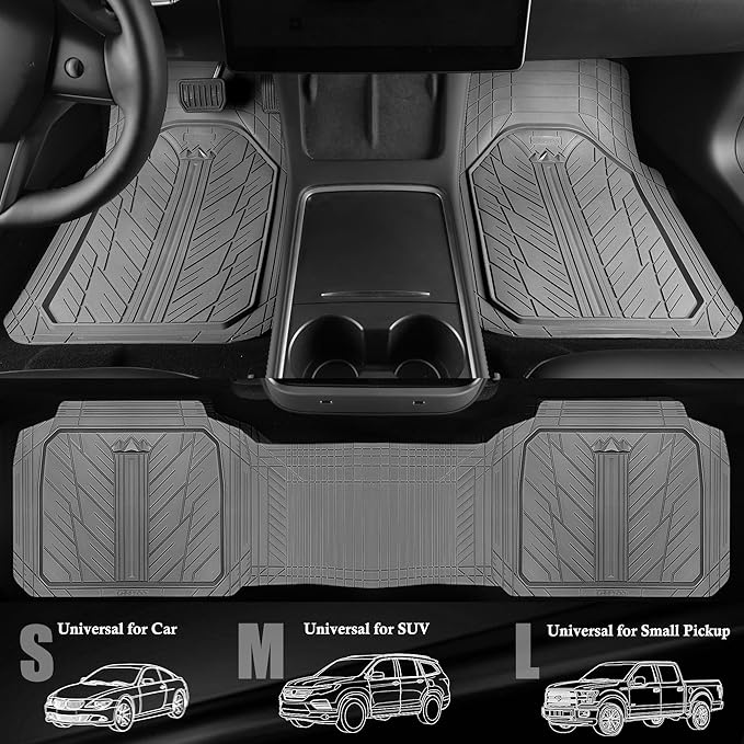 CAR PASS Floor Mats for Cars M-L Size, Heavy Duty Rubber Floor Mats with Trunk Cargo Liner, Universal Trim-to Fit Automotive Floor mats for Truck Van SUV Waterproof All Weather Car Mats All Gray