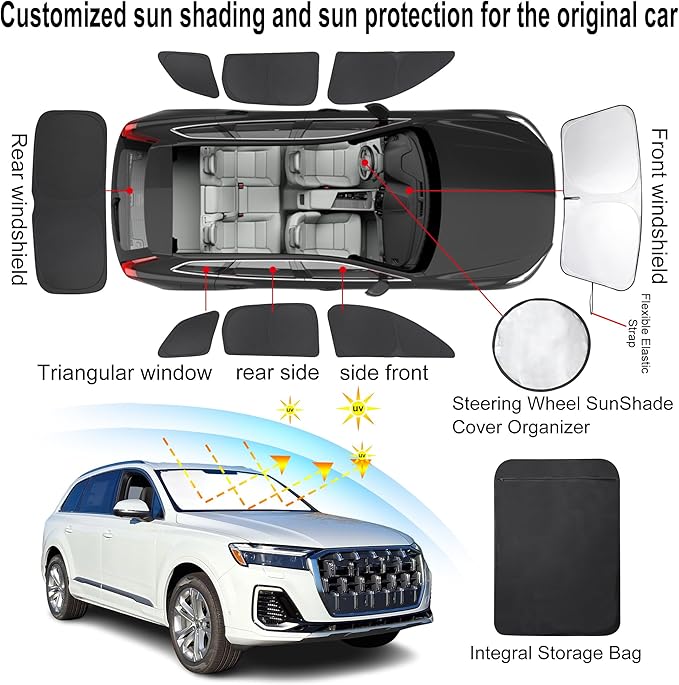 TINGLU Window Shades for Audi Q7 SUV 2016-2025 2026 Accessories Side Full Windows Cover Camping Rear Triangular Windshield Sun Shade Sun UV Rays Privacy Protection 8PCS