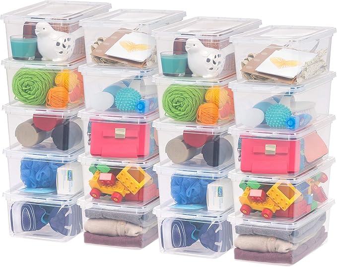 IRIS USA 20-Pack Storage Bins with Lids, 6 Quart, Shoe Boxes Clear Stackable Containers Organize Shoes Closet Shelves, Classr