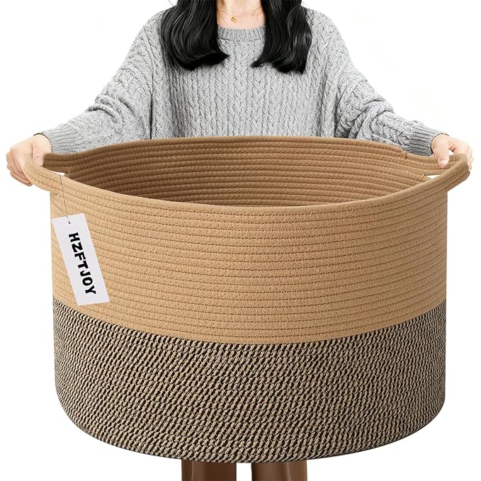 90L Extra Large Blanket Basket,Rope Woven Storage Basket with Handles, Laundry Hamper for Toys, Clothes, Pillows & Towels, Pe
