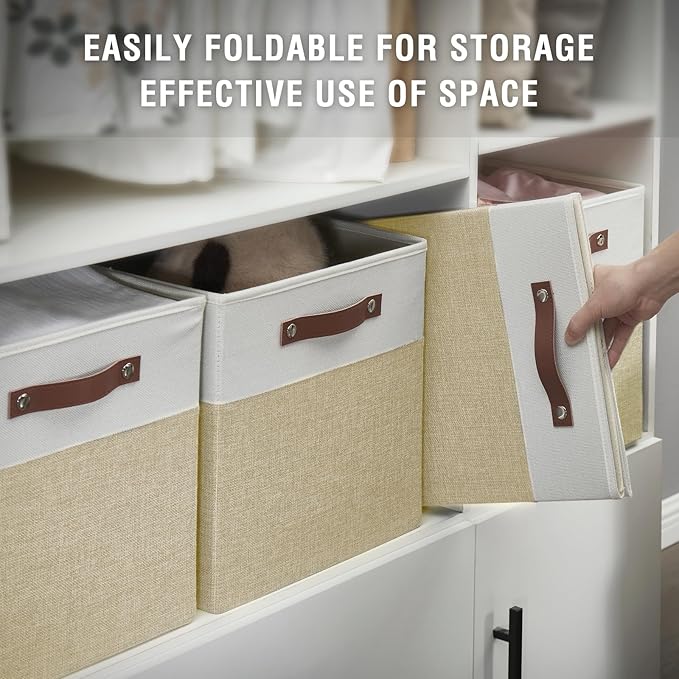Bagnizer Collapsible Fabric Storage Cube Bins with 2 Reinforced PU Handles, Foldable Storage Organizer Baskets for Closet, Sh
