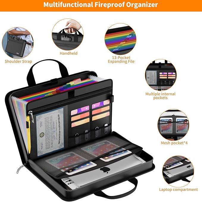 Fireproof Accordion File Organizer with Lock, Water Resistant Expanding File Folder with Shoulder Strap, Important Document O
