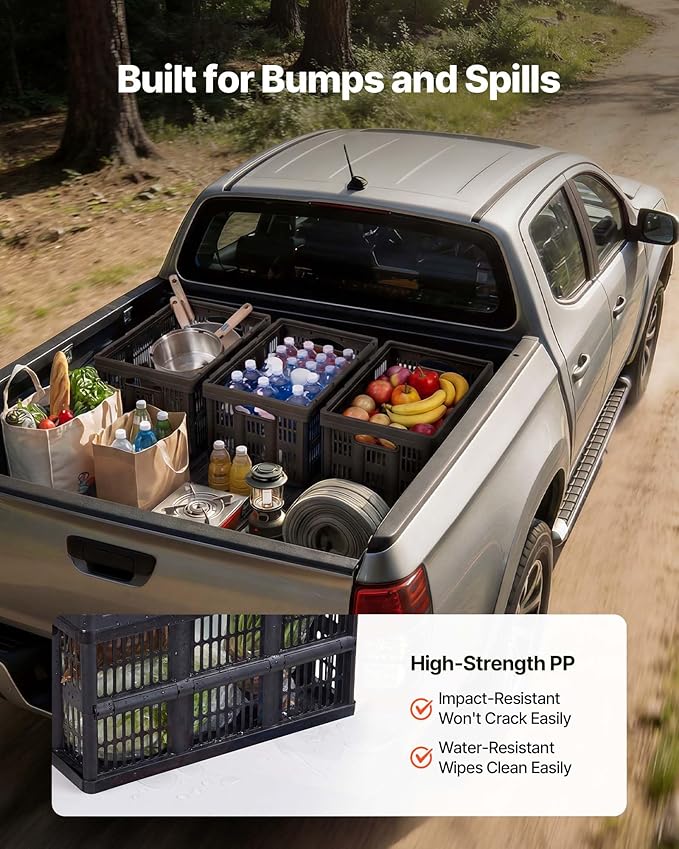 VEVOR Plastic Collapsible Storage Bins, 45L 3 Packs, Stackable Folding Storage Crates with Handles, Holds 33 lbs Per Bin, Fol
