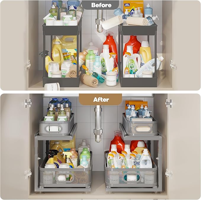 2 Pack 21IN-Depth Under Sink Organizer With Next-Gen Ball-Bearing Slides,2-Tier Precision Mesh Pull Out Cabinet Storage for B