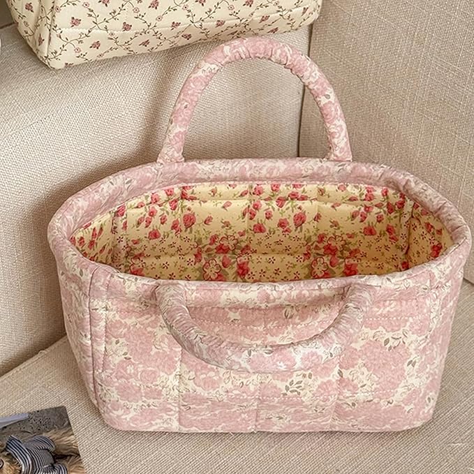 Small Storage Basket Organizer, Mini Fabric Floral Storage Baskets with Handle, Quilted Portable Collapsible Storage (N)