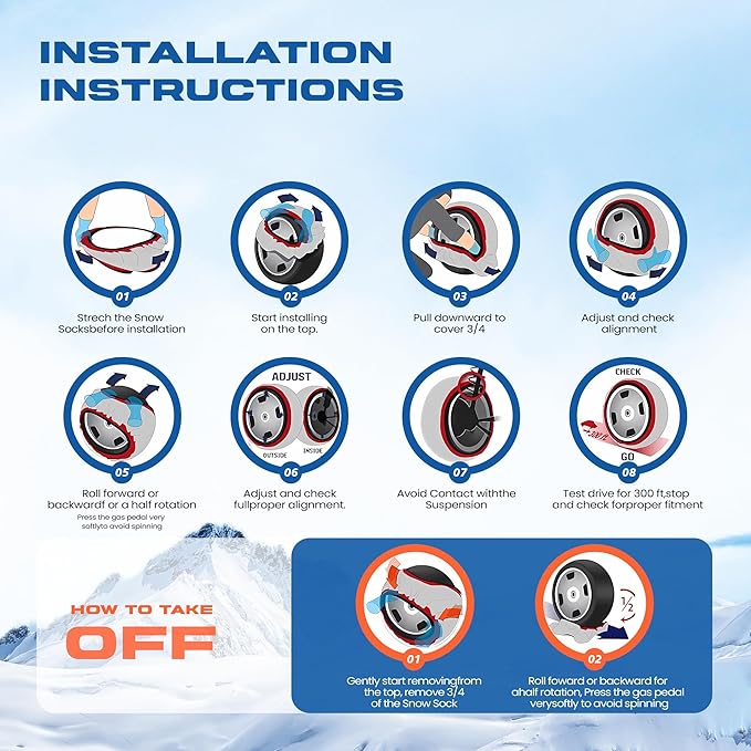 Snow Socks for Tires, Winter Traction Alternative to Snow Chains, Emergency Anti-Slip Tire Covers for Cars/SUVs/Trucks, Reusa