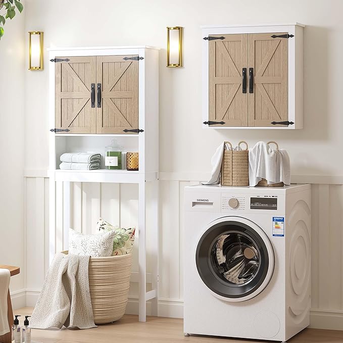 Spirich Bathroom Wall Cabinet Over Toilet, Farmhouse Wall Mounted Medicine Cabinet Organizer with Wood Grain Barn Doors and A