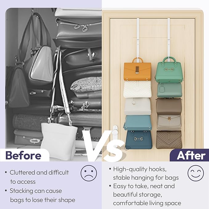 SWTYMIKI Over the Door Purse Organizer - 2 Packs Wall Mounted Purse Rack with 5 Hooks Design, Hanging Handbag Organizer Stora