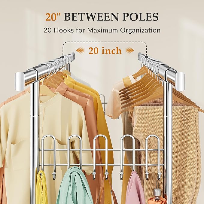 Gewudraw Heavy Duty Clothes Rack with Metal Basket, 1060 LBS Rolling Double Rod Garment Rack, Portable Extendable Clothing Ra