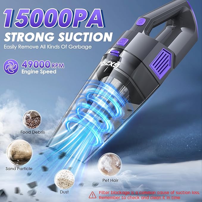 Handheld Vacuum Cordless, 15000PA Strong Suction Hand Held Car Vacuum Cleaner Rechargeable, Portable Hand Vacuum with Multi-N