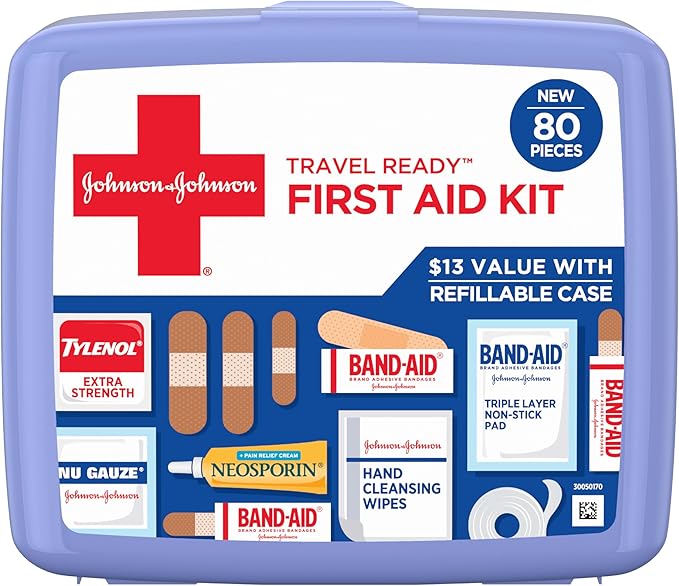 BAND-AID Brand Travel Ready Portable Emergency First Aid Kit for Minor Wound Care, Perfect for Home, Car, Travel, Camping Ess