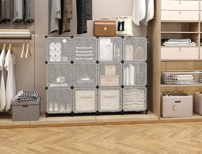 AWTATOS 12 Cube Storage Organizer with Doors, DIY Plastic Closet Shelf, Modular Bookshelf, Stackable Shelving Rack for Bedroo