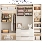 SWTYMIKI Hanging Closet Organizer Storage - 3 Tier Metal Stackable Hanging Closet Shelves with Dividers and S Hooks, Foldable