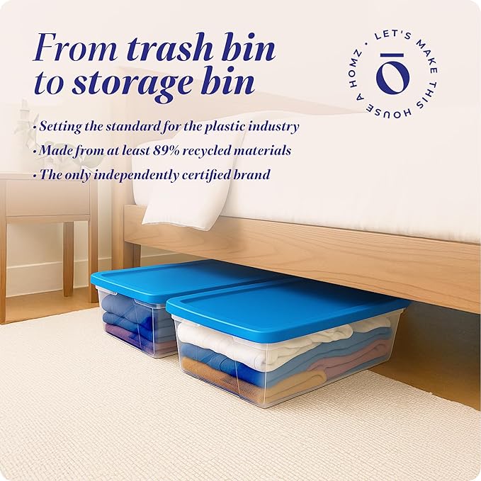 HOMZ 2-Pack Snaplock, Large Clear Plastic Storage Organizer Bins w/Lids, 41 Quart, Blue - Stackable Container Boxes for Bedro