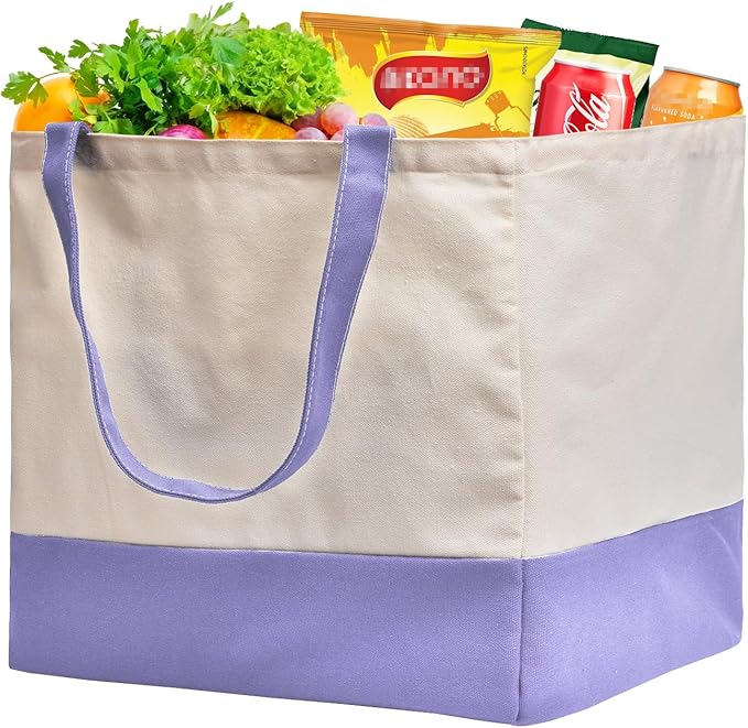 Reusable Grocery Bags Heavy Duty, 8.3 gal Foldable Large Canvas Tote Bag with Handles, Holds 60 lbs Canvas Shopping Bags, 1 Pack（Off White+Light purple）