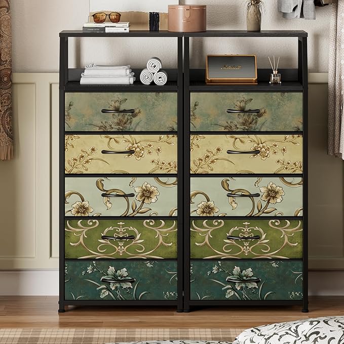 Furnulem Retro 5 Drawers Dresser, Tall Dressers for Bedroom, Closet, Hallway, Nursery, Fabric Storage Tower Organizer, Vertic
