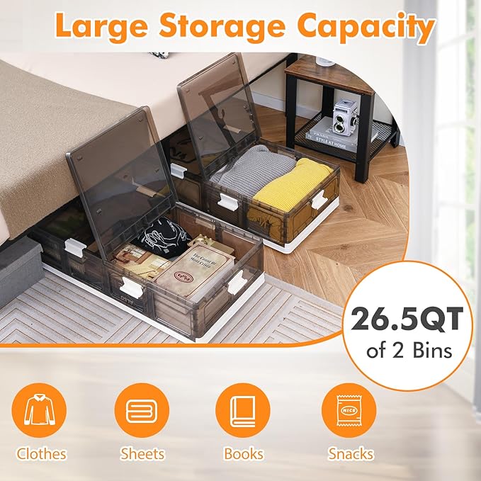 Tangkula 26.5Gal Under Bed Storage Containers, 2 Pack Stackable Plastic Storage Bins with Wheels, Double Opening Lids, Collap