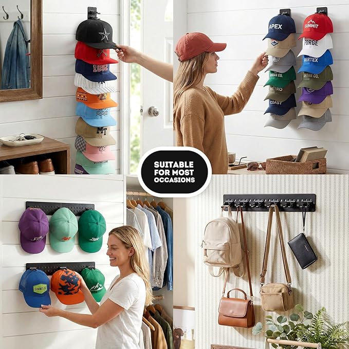 2 Pack Hat Organizer for Baseball Caps,Detachable DIY Hat Rack for Wall Hold Up to 22 Hats,Baseball Cap Organizer Cap Holder 