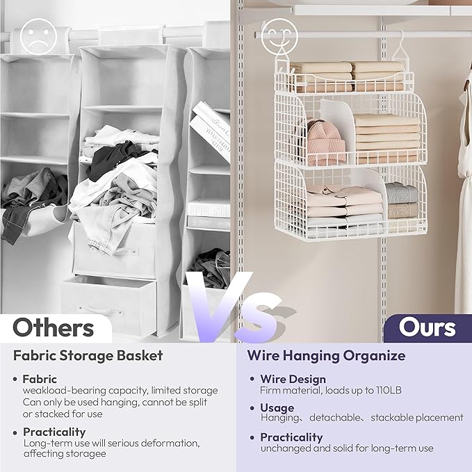 SWTYMIKI Hanging Closet Organizer Storage - 3 Tier Metal Stackable Hanging Closet Shelves with Dividers and S Hooks, Foldable