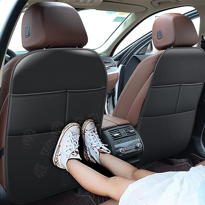 Kick Mats Back Seat Protector Fit for Ford Festiva with 2 Pocket Storage Organizer - Faux Leather Waterproof Dirt Proof for Kids Feet Automotive Accessories (1 Pair,Black)