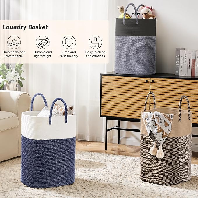 Laundry Basket,Woven Cotton Rope Laundry Hamper,Versatile Storage for Dirty Clothes,Baby Toys,and Blankets in Bathroom, Nurse