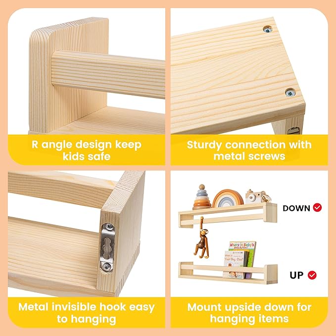 Fun Memories Nursery Book Shelves - Rustic Natural Solid Wood Floating Bookshelf for Kids - Wall Book Shelves for Kids Room (