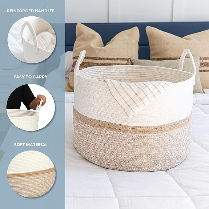 OrganiHaus Large Woven Storage Basket for Blankets and Toys 20" x 13" Inch, Rope Laundry Basket with Handles, Cushions & Pill