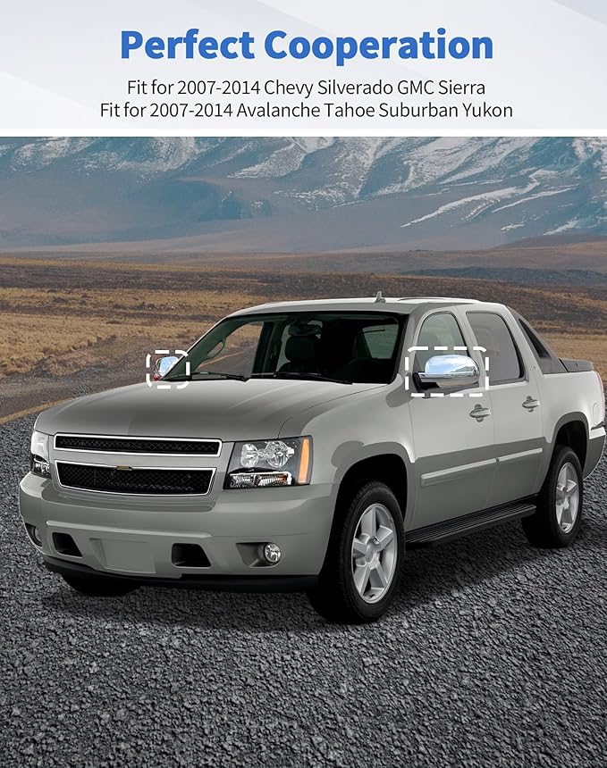 Rearview Mirror Fully Caps Covers Compatible with 2007-2014 Chevy Silverado GMC Sierra Avalanche Tahoe Suburban Yukon Escalade ESV Left Right Side View Upper Mirror Cover Caps, Chrome