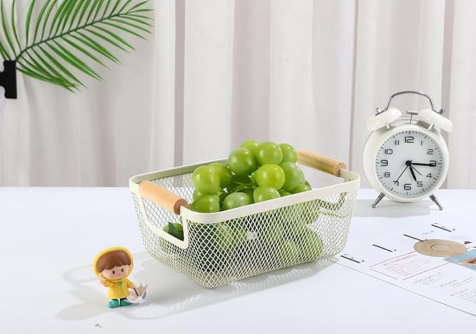 AJIODA Metal Mesh Steel Basket, Small Wire Storage Organizer Basket Multi-function Hanging Kitchen Basket with Wood Handle fo