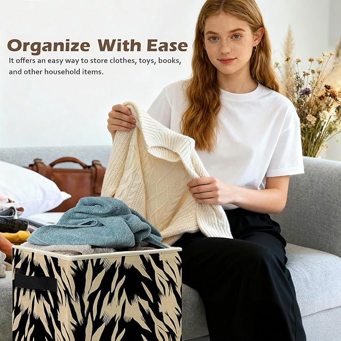 Black and Beige Abstract Storage Box Bins, Boho Modern Abstract Zebra Striped Collapsible Storage Basket Organizer for Bedroo