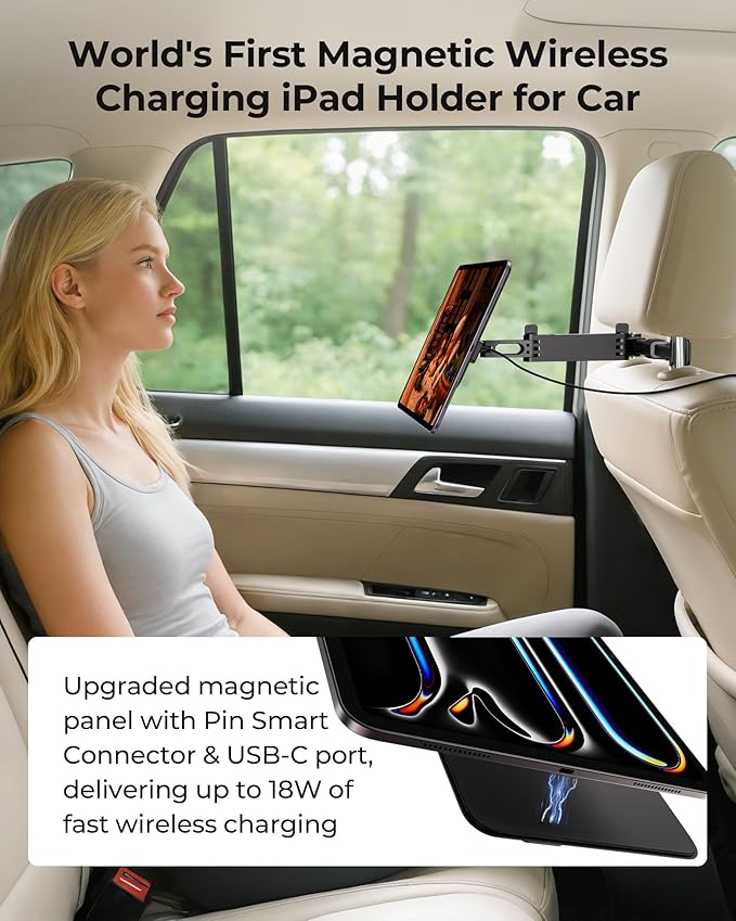 KU XIU Magnetic Wireless Charging Car Headrest Tablet Holder for iPad Pro 13'' M4/M5 Only, Adjustable Long Arm Tablet Car Mount Back Seat for Kids, Road Trip Essentials Holder with Air Vent Stand