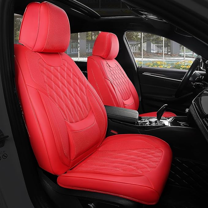 FREESOO Red Car Seat Covers Full Set - Faux Nappa Leather Seat Covers for Cars, Ultra Breathable Waterproof Front Seats Prote