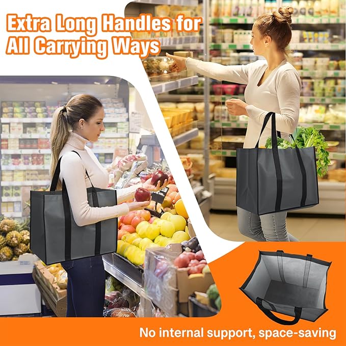WISELIFE Reusable Grocery Bags with Handles - 10 Pack, 35L Large Shopping Bags for Groceries, Water-Resistant & Foldable Grocery Totes for Lasting Use for Kitchen, Market, Car Trunk, Picnic (Gray)