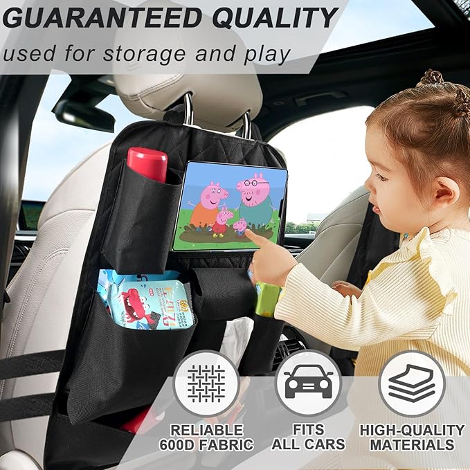 Car Seat Organizers,Multi-functional Back Seat Protectors, Storage Pouches, Child kicking prevention and Tray Holders Kick Mats Back (for Cars, Kids,and Rear Seats) (Black, 1 Pack)