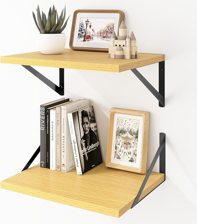 Deep Floating Shelves Wall Mounted, 16"x12" Oak Wall Shelves with Brackets Set of 2 for Bedroom, Living Room, Bathroom, Kitch
