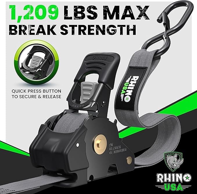 Rhino USA Retractable Ratchet Straps (4-Pack) - 1 Inch x 10 Feet (1,209lb Break Strength) - Auto Self Retracting Tie Down Straps for Truck, Cargo Trailer, Motorcycle, ATV, UTV - Gray