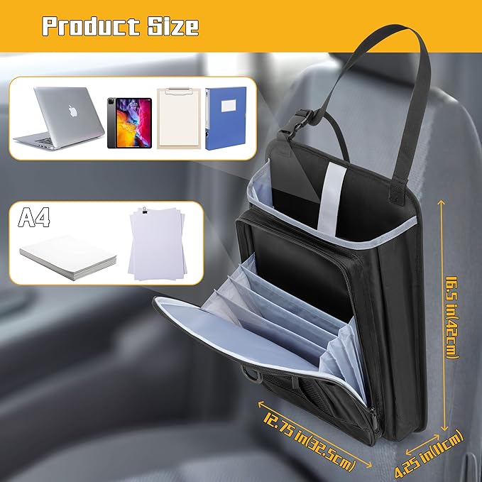 LUXJA Car Front Seat Organizer with Accordion File Pocket, Passenger Seat Organizer with Laptop Sleeve (Up to 15.6 In) and Adjustable Strap, Black