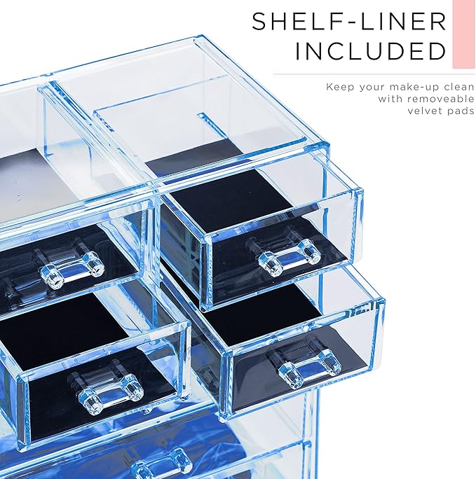 Sorbus Acrylic Makeup Organizer Set, 7-Drawer Vanity & Countertop Cosmetic Storage with Small & Wide Compartments, Blue Brill