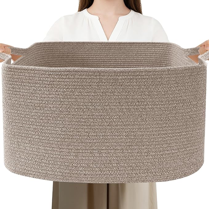 65L Large Blanket Basket,21"x16"x12" Rectangle Storage Bin with Handles,Woven Rope Laundry Basket for Toys, Clothes,Pillows,M