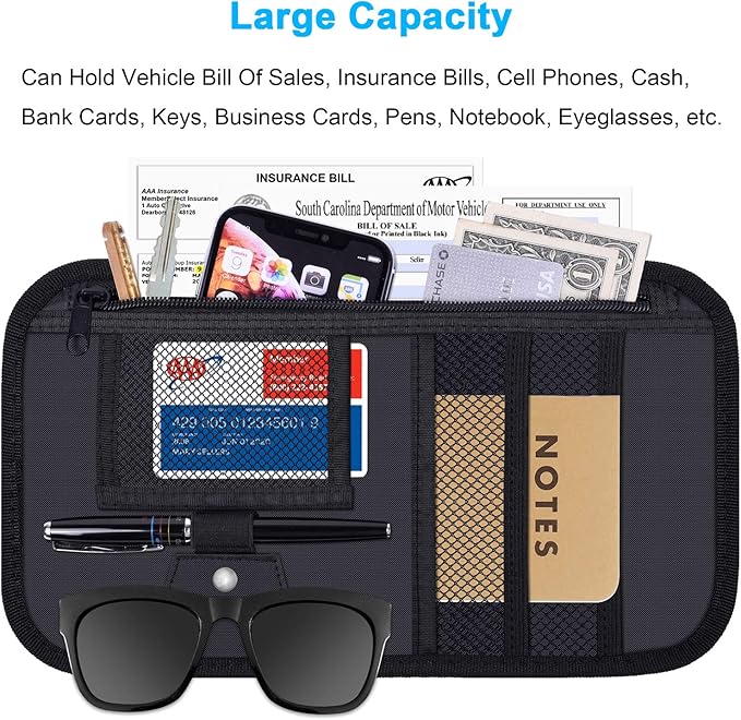 Car Sun Visor Organizer, Wisdompro Vehicle Interior Accessories Storage Pouch Auto Registration Holder with Elastic Strap for Sunglass, Documents, Cards, Pen, Drivers License, etc. (Black)
