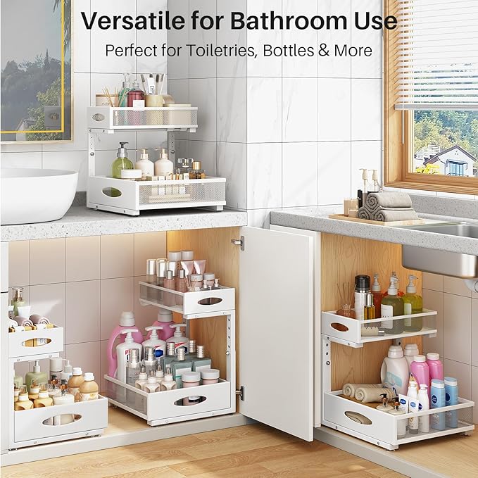 Under Sink Organizer, 2 Pack 2 Tier Pull Out Under Cabinet Organizer Shelf with Pad for Framed Cabinets, Metal Slide Out Unde