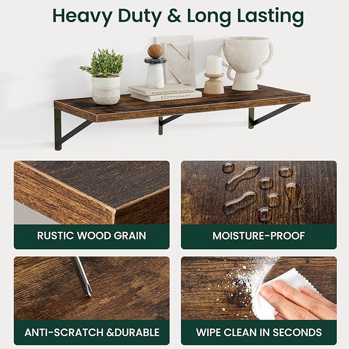 Floating Shelves, 12 Inch Deep Rustic Wood Wall Storage, 36W x 12D Wall Shelves Set of 2, Heavy Duty Metal Brackets, Large In