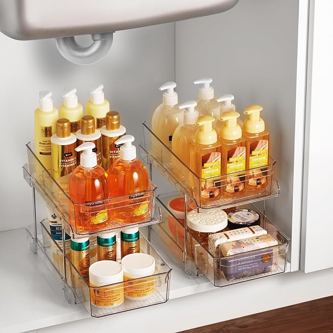 Masirs 2-Tier Clear Pull-Out Drawer Organizer - Sleek, Compact & Sturdy Makeup and Closet Organizer - Easy Assembly Kitchen S
