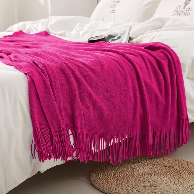 Homiest Decorative Knitted Throw with Fringe, Lightweight Acrylic Knit Blanket, Soft & Cozy Tassel for Couch Sofa Bed (Dark P
