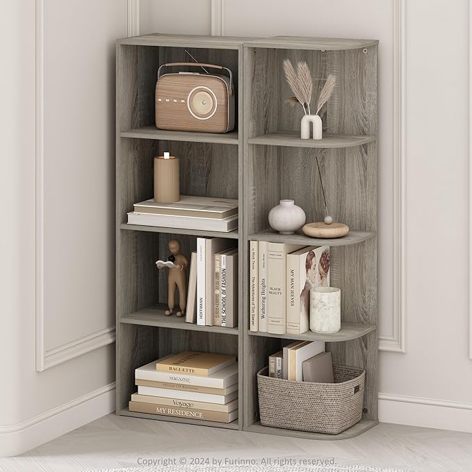 Furinno Reed Corner Shelf, 4-Tier Corner Bookshelf, Book Shelf, Corner Shelves, Storage Rack, for Organization and Storage, H