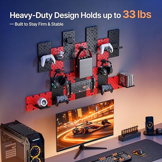 PEGZONE 14 PCS Controller and Headphone Holder Wall Mount, Modular Gaming Pegboard with Accessories, Video Game Storage, Disc