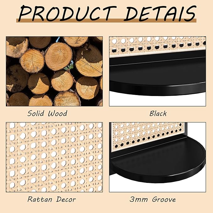 Rattan Shelf Set of 2, 7'' Black Rattan Shelf with Wicker Decor, Boho Wall Decor Small Floating Shelf for Plant Figurines Dis
