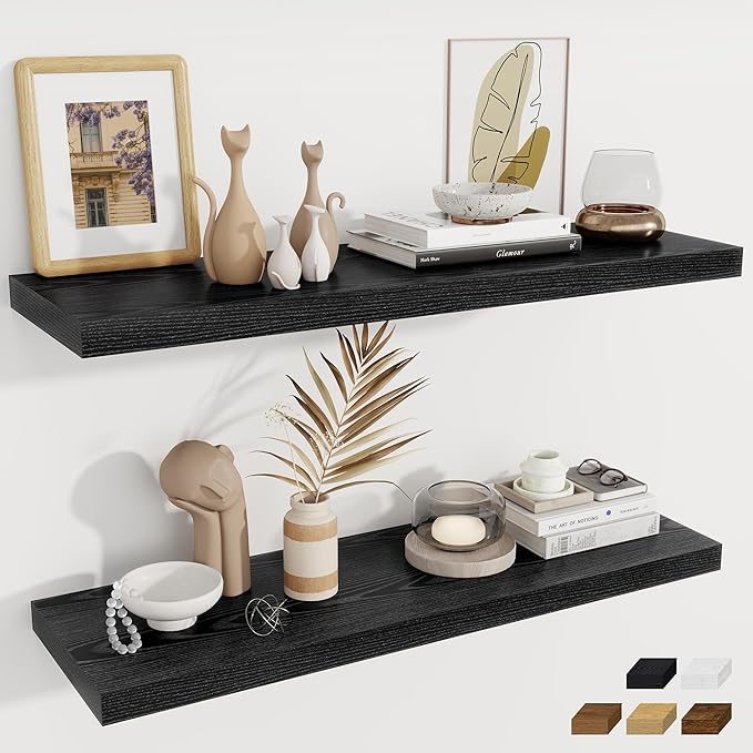 Fun Memories 12 Deep Floating Shelves, 40W x 12D Floating Shelves for Wall Set of 2, Extra Deeper Hanging Wood Shelves for Wa