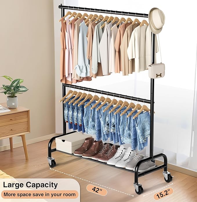 MISSLO Heavy Duty Clothing Racks for Hanging Clothes Rack Double Rod Garment Rack Rolling Closet Wardrobe Rack on Wheels, Met