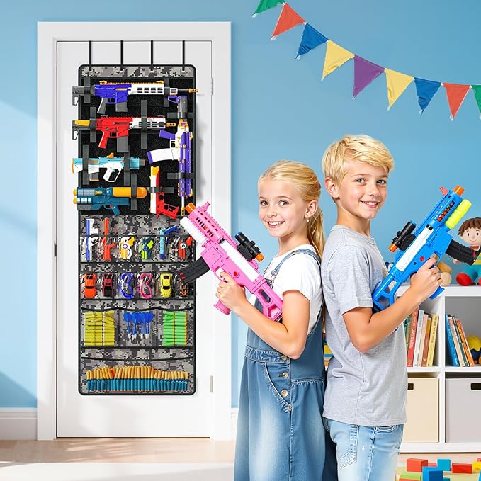 Over The Door Organizer for Toy Guns, Toys Organizer with Pockets, Hook&Loop Straps for Foam Blasters, Darts, Goggles, Hangin